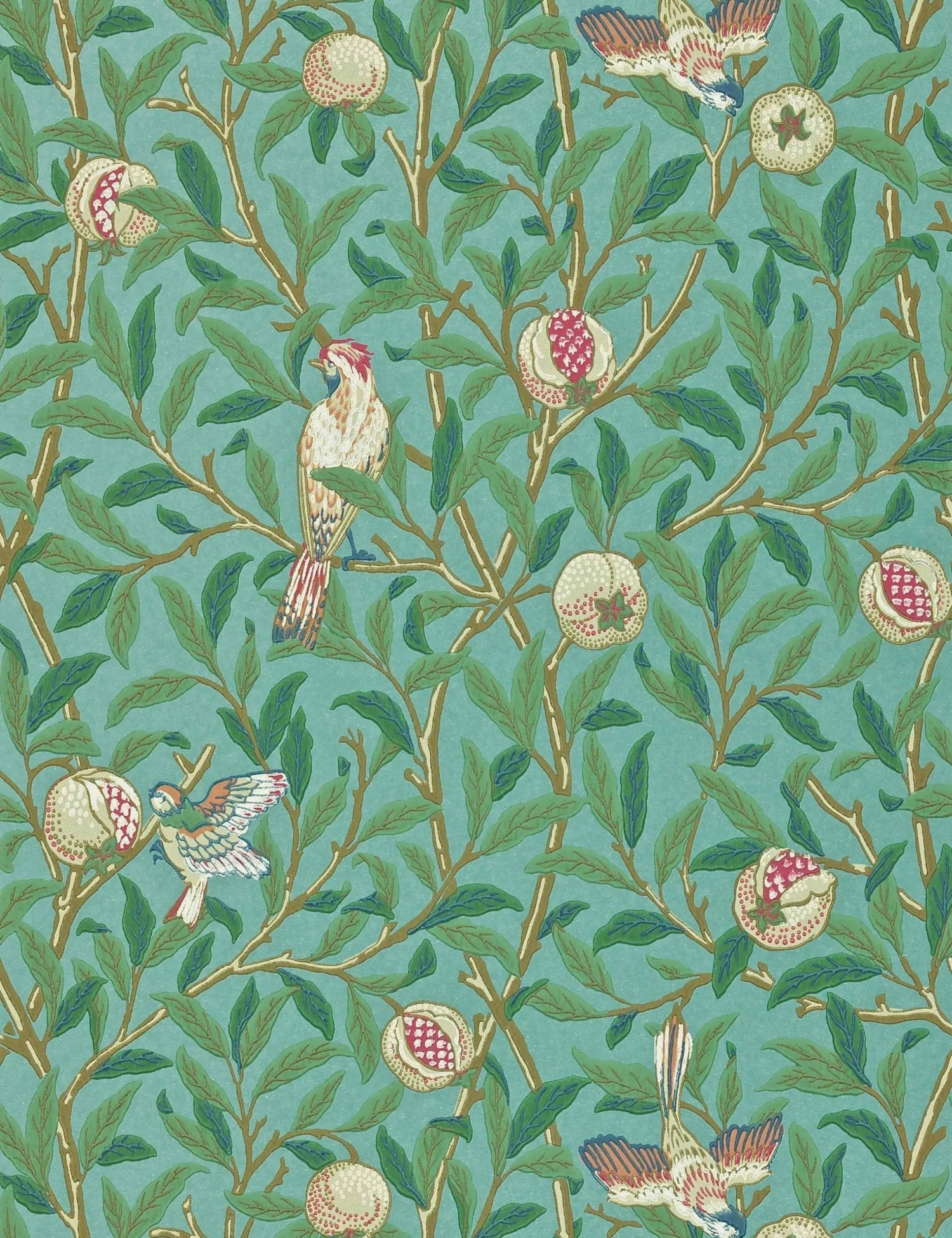 Lulu And Georgia Morris & Co. Bird And Pomegranate Wallpaper, Turquoise/Coral Swatch 3 Lulu And Georgia Morris & Co. Bird And Pomegranate Wallpaper, Turquoise/Coral Swatch