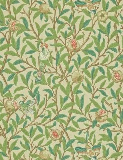 Lulu And Georgia Morris & Co. Bird And Pomegranate Wallpaper, Bay Leaf/Cream Swatch