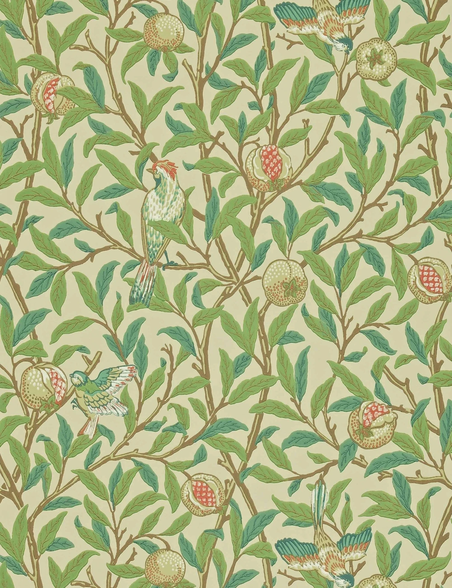 Lulu And Georgia Morris & Co. Bird And Pomegranate Wallpaper, Bay Leaf/Cream Swatch 3 Lulu And Georgia Morris & Co. Bird And Pomegranate Wallpaper, Bay Leaf/Cream Swatch