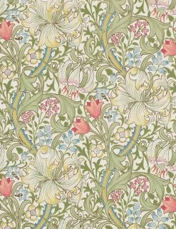 Lulu And Georgia Morris & Co. Golden Lily Wallpaper, Green/Red Swatch