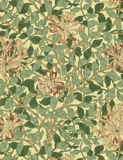 Lulu And Georgia Morris & Co. Honey Suckle Wallpaper, Green Coral Pink Swatch