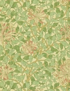 Lulu And Georgia Morris & Co. Honey Suckle Wallpaper, Green Beige Pink Swatch